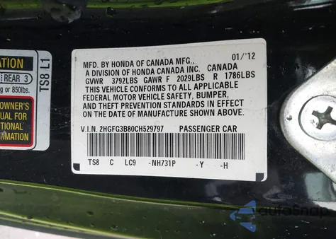 2012 Honda Civic Ex z USA, uszkodzony, nr VIN 2HGFG3B80CH529797